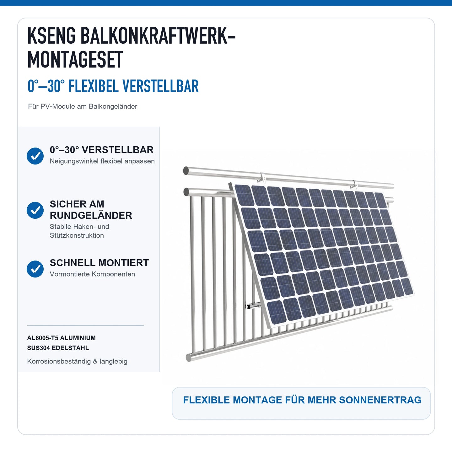 KSENG Balkonkraftwerk-Montageset 0°–30° am runden Balkongeländer