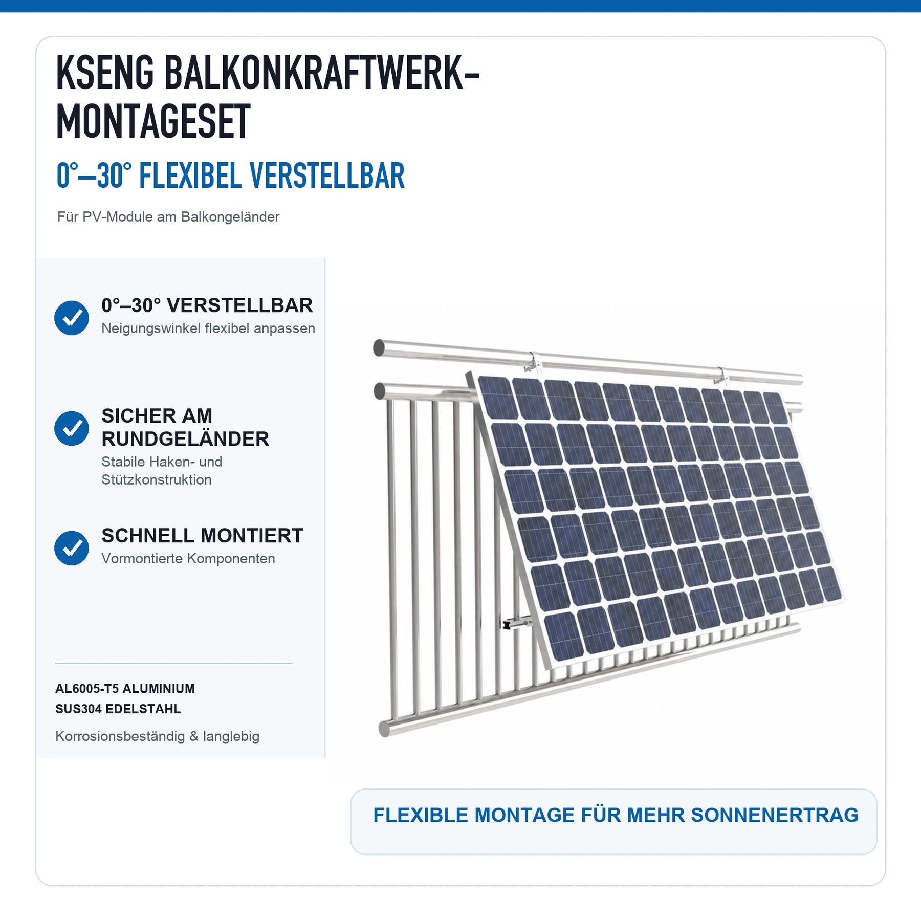 KSENG Balkonkraftwerk-Montageset 0°–30° am runden Balkongeländer
