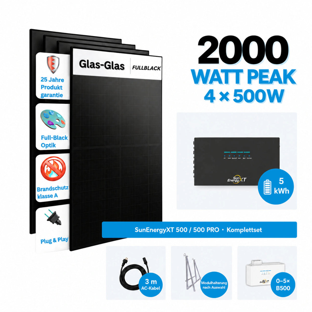 SunEnergyXT 500 / 500 PRO Speicher-Komplettset mit 4× 500-W-Solarmodulen