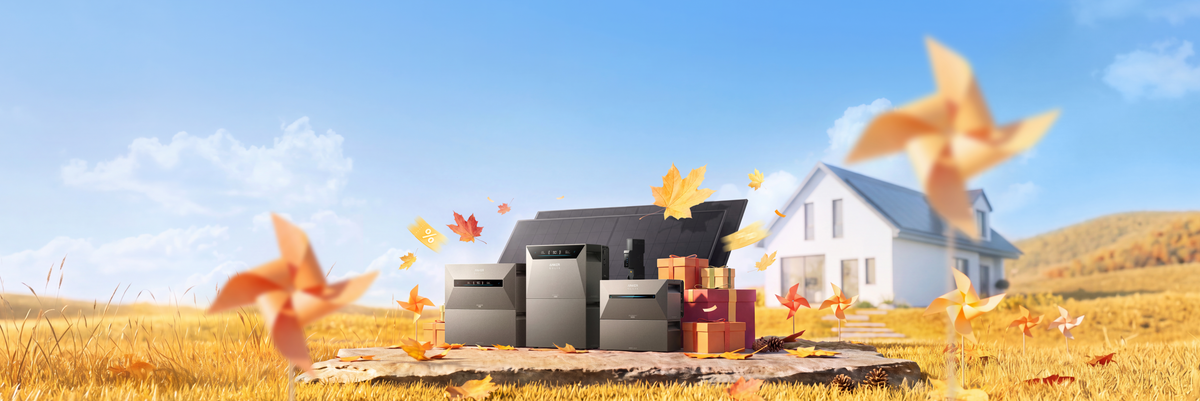 Anker SOLIX Speicher und Solarmodule vor einer herbstlichen Kulisse