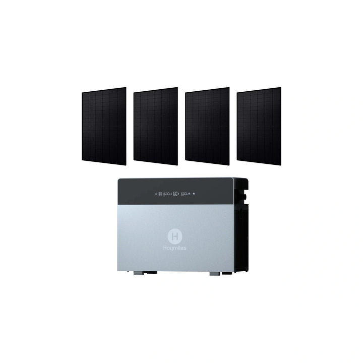 Hoymiles HiBattery 4020 X und vier Jolywood JW-HD108N-R2 500-W-Module; Erweiterungsbatterien und Halterung nach Auswahl