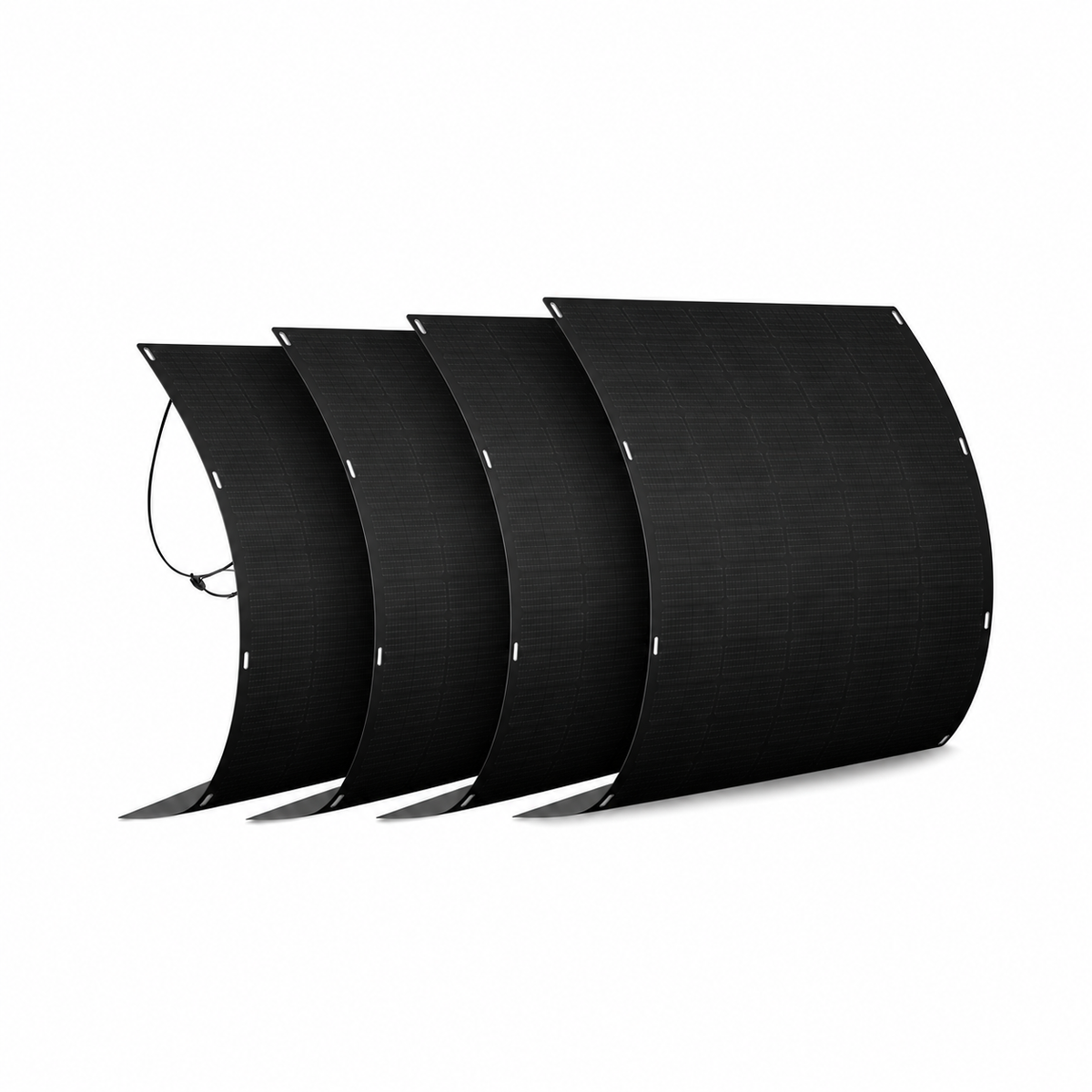 Vier schwarze flexible RENEPV 250-W-Solarmodule als 1000-W-Set auf weißem Hintergrund