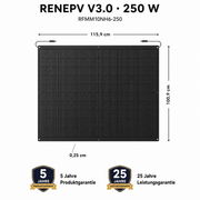 RENEPV RFMM10NH6-250 mit Abmessungen 1159 × 1009 × 2,5 mm sowie Garantieangaben