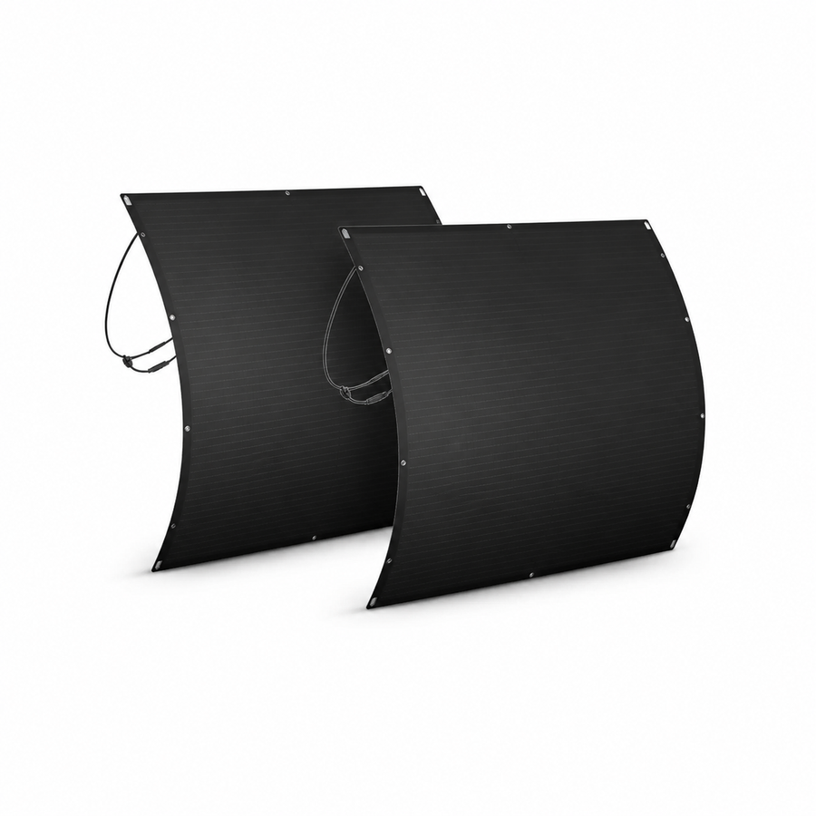 Zwei flexible RENEPV V3.0 Solarmodule RFMM10NH6-250 mit je 250 W auf weißem Hintergrund