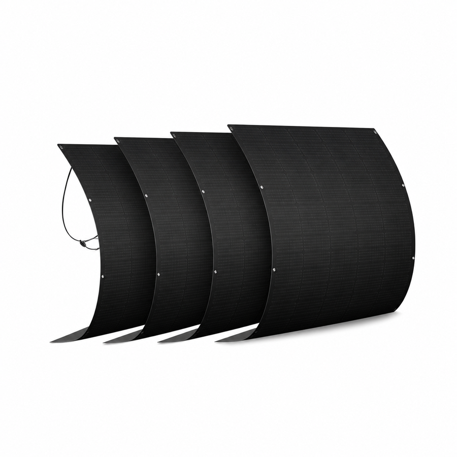 Vier flexible RENEPV V3.0 Solarmodule RFMM10NH6-250 mit je 250 W auf weißem Hintergrund