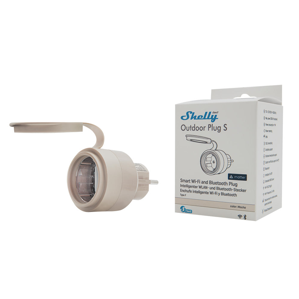 Shelly Outdoor Plug S Gen3 Mocha mit Originalverpackung
