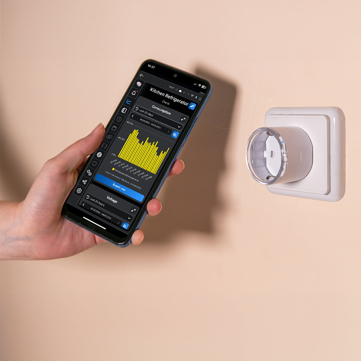 Shelly Plug S Gen3 Matter in Weiß – Herstellerbeispiel zur Verbrauchsanzeige in der App; Smartphone nicht enthalten