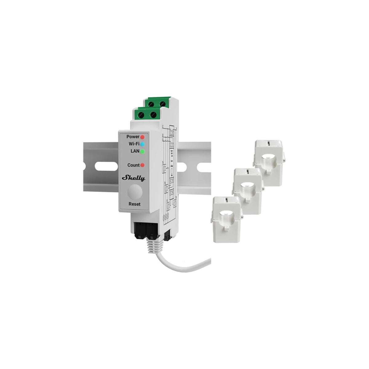 Shelly Pro 3EM 120A V2 – Zähler und drei 120-A-Stromwandler; Hutschiene nur zur Veranschaulichung