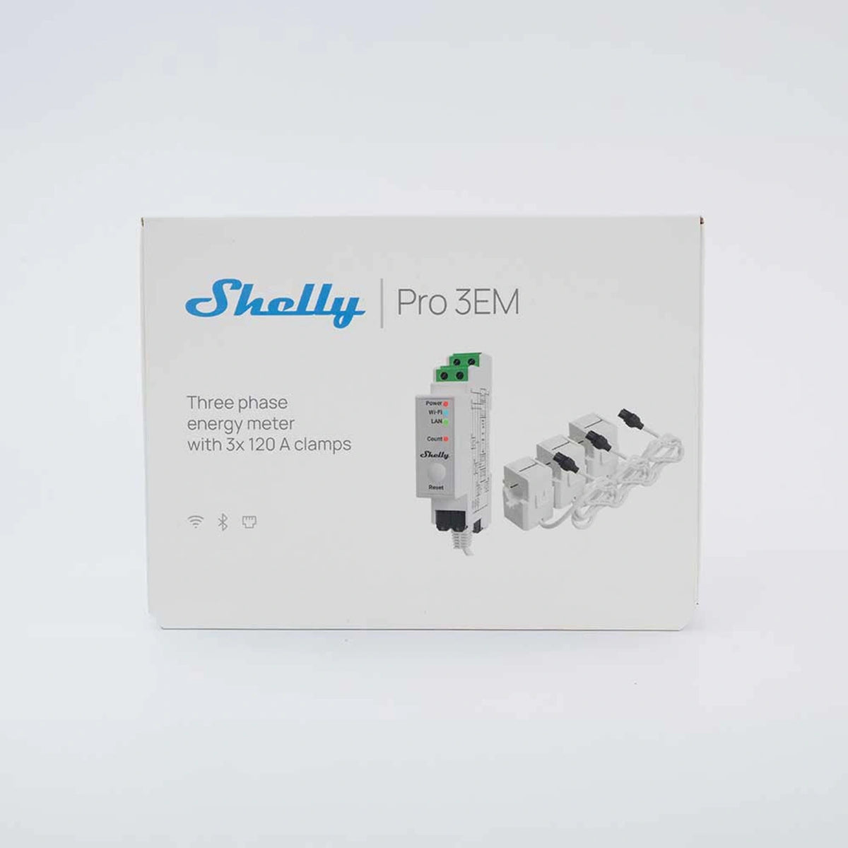 Shelly Pro 3EM 120A V2 – Vorderseite der Herstellerverpackung