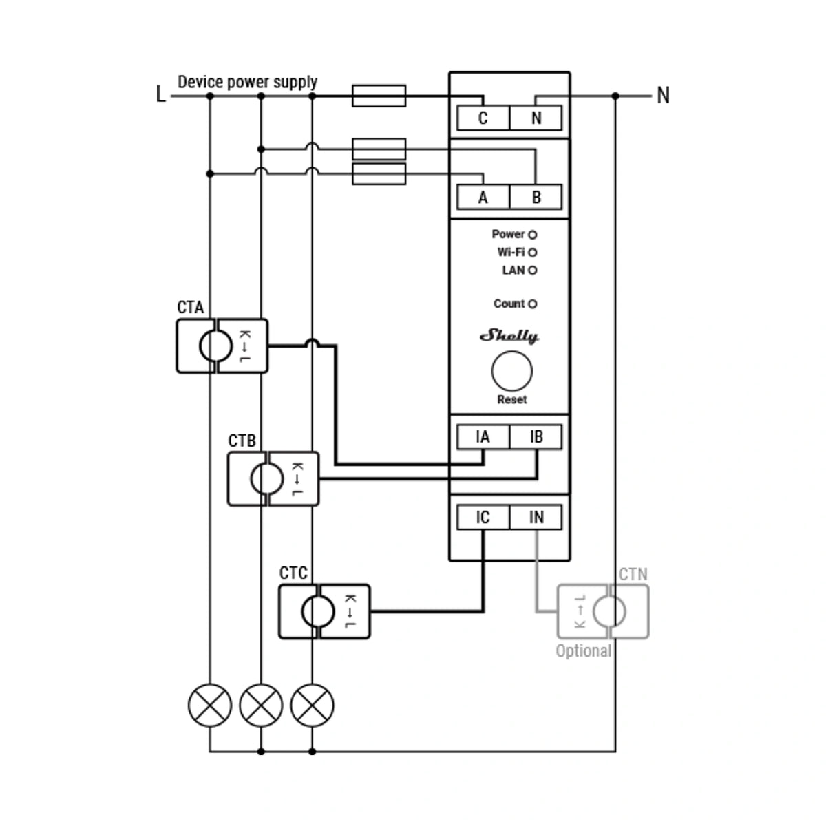 Shelly Pro 3EM 120A V2 – Hersteller-Anschlussbeispiel für einphasige Messung; nur Elektrofachkräfte