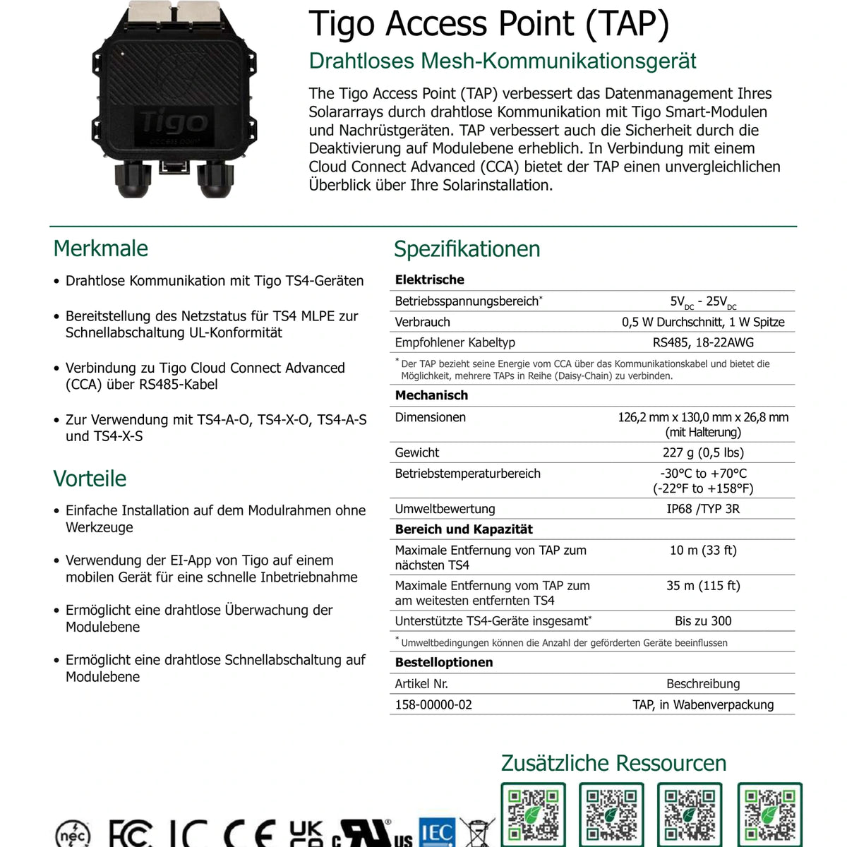 Datenblattübersicht des Tigo TAP Access Point