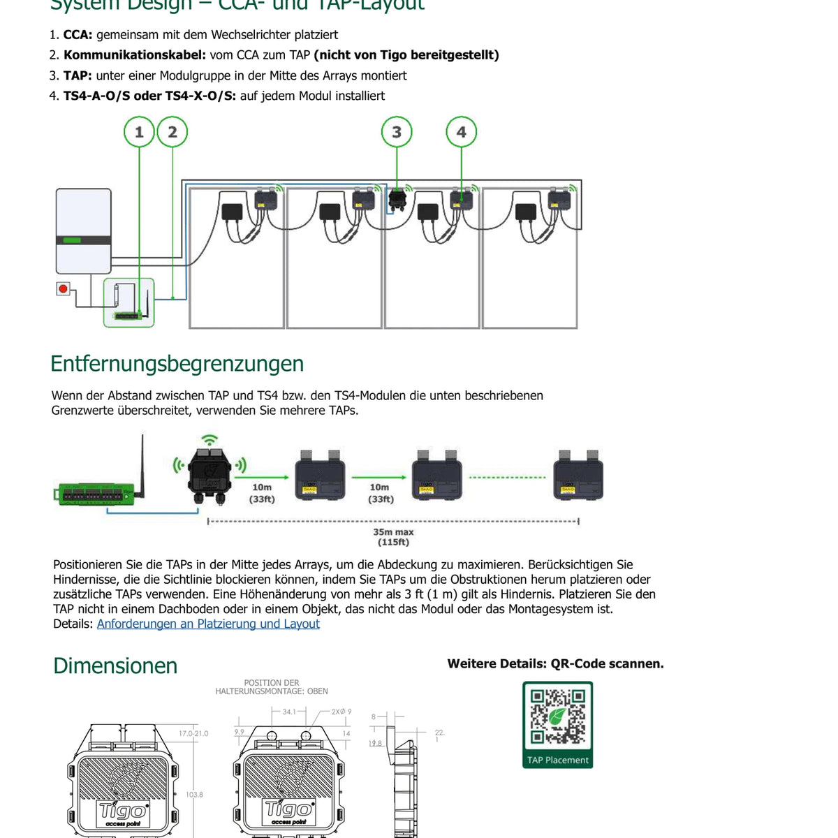 Systemschema und Abmessungen des Tigo TAP Access Point