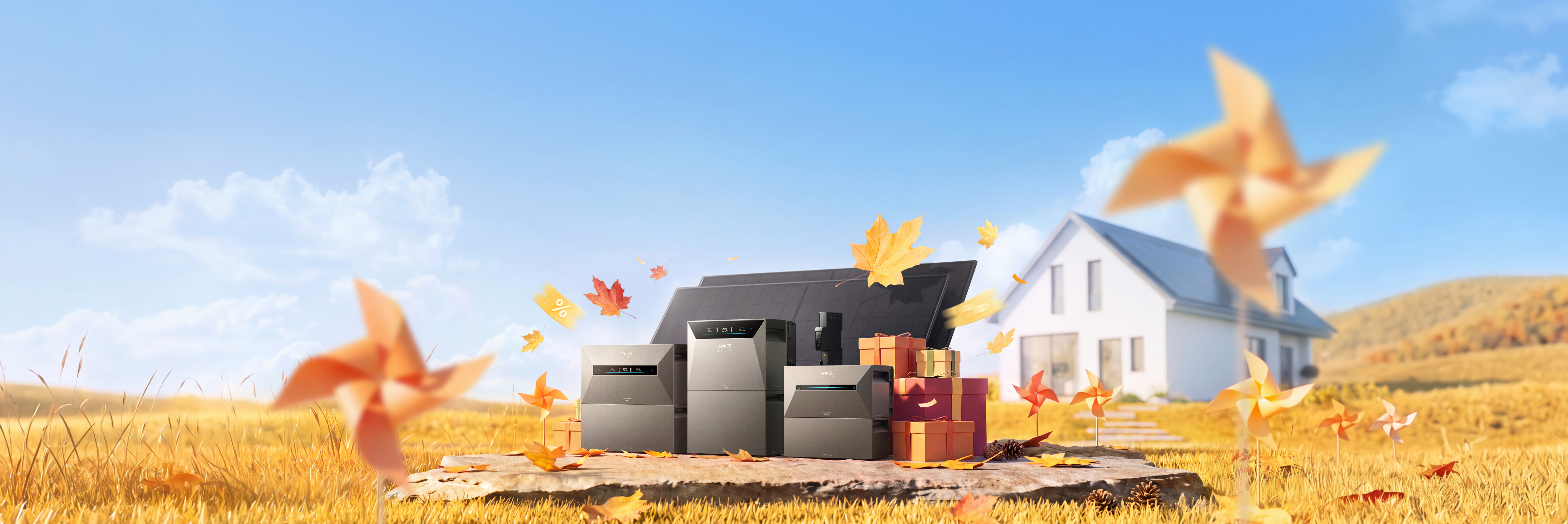 Anker SOLIX Speicher und Solarmodule vor einer herbstlichen Kulisse